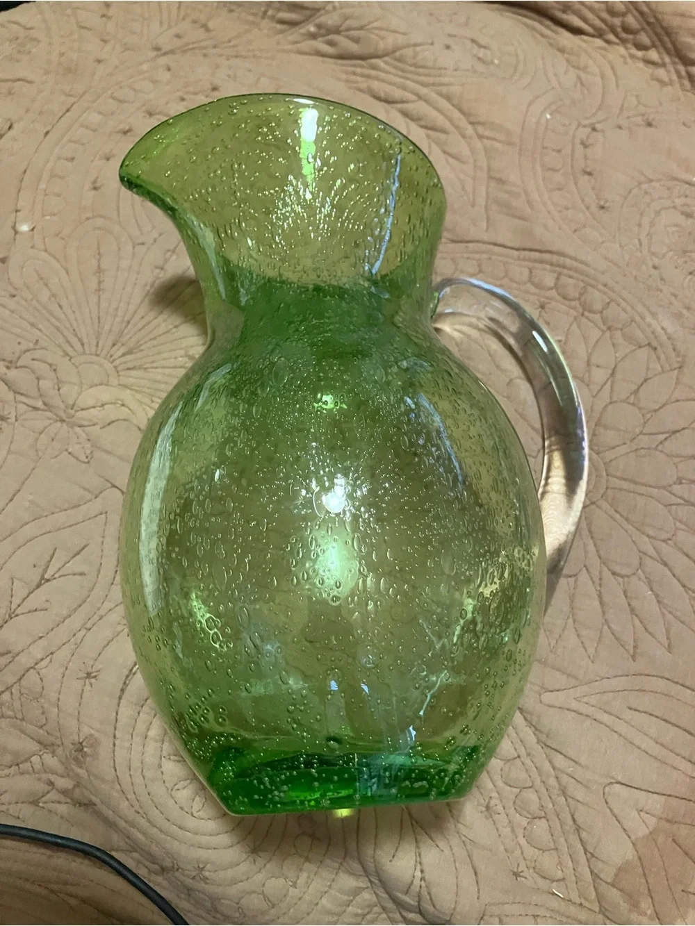 Crate and Barrel Hand Blown Green Glass Bubble Cocktail Water Pitcher